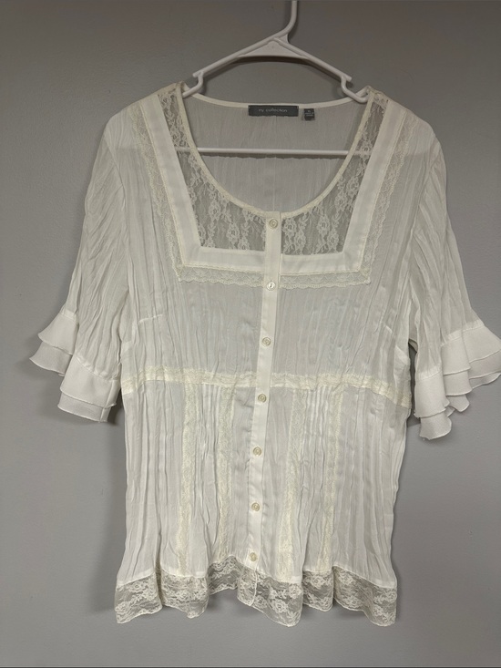 NY Collection Tops - NY Collection Whimsy Fairy  Lace Insets White Crinkled Button Front Blouse  XL